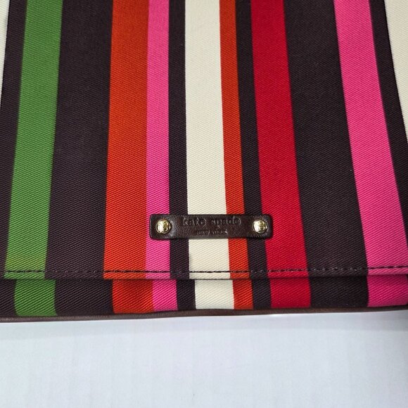 Kate Spade Rainbow Stripe Canvas Flap & Brown Leather Shoulder Bag Preppy Y2K - Picture 2 of 12